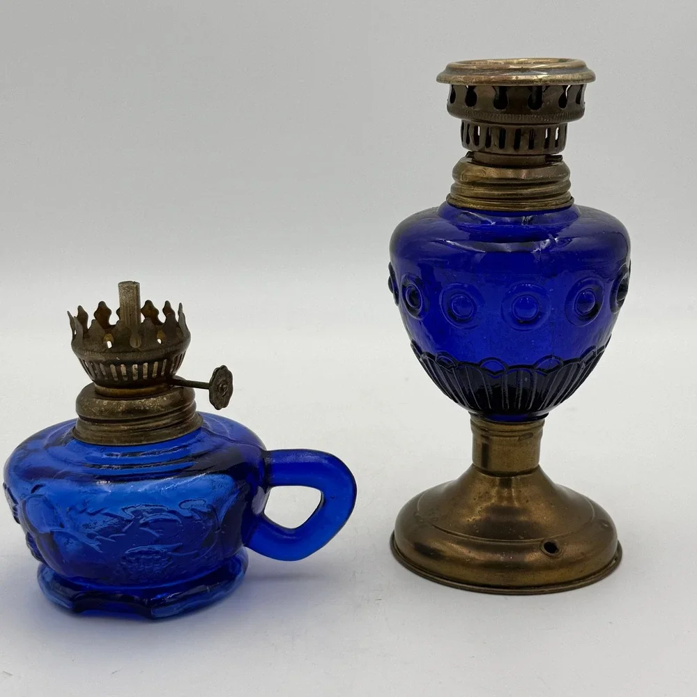 Vintage Cobalt Blue Glass Miniature Oil Lamp Set Grape Pattern Pedestal Brass